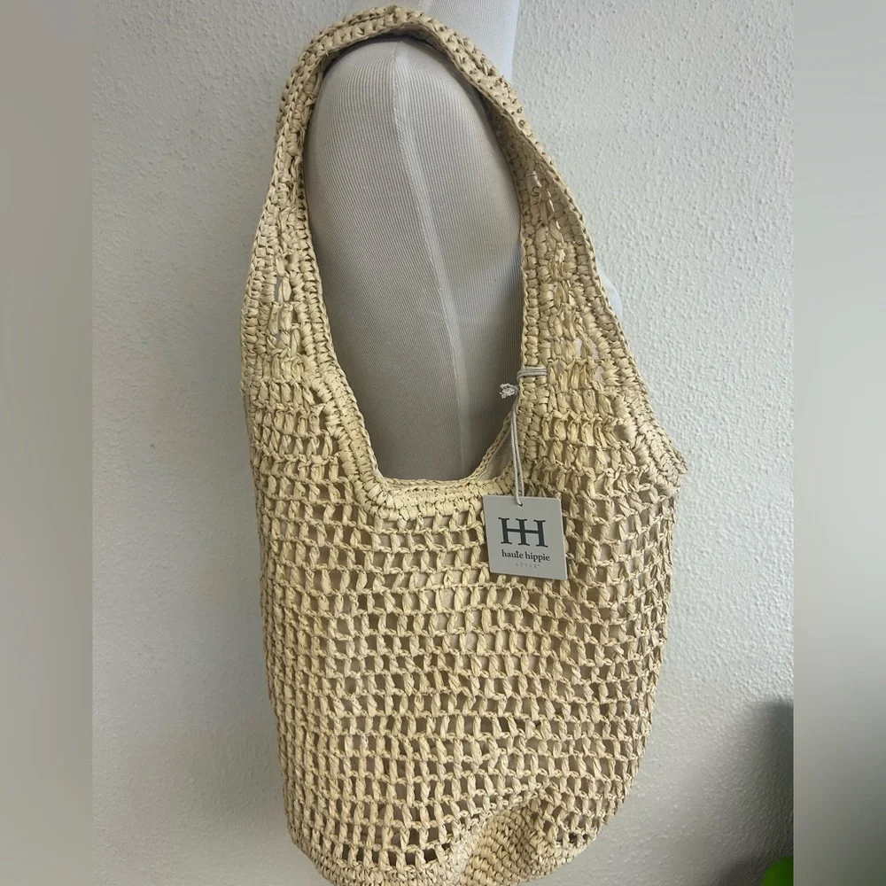 Haute Hippie Lrg Handwoven Straw Tote Bag Boho Chic Summer Beach Shoulder Purse - Picture 2 of 6